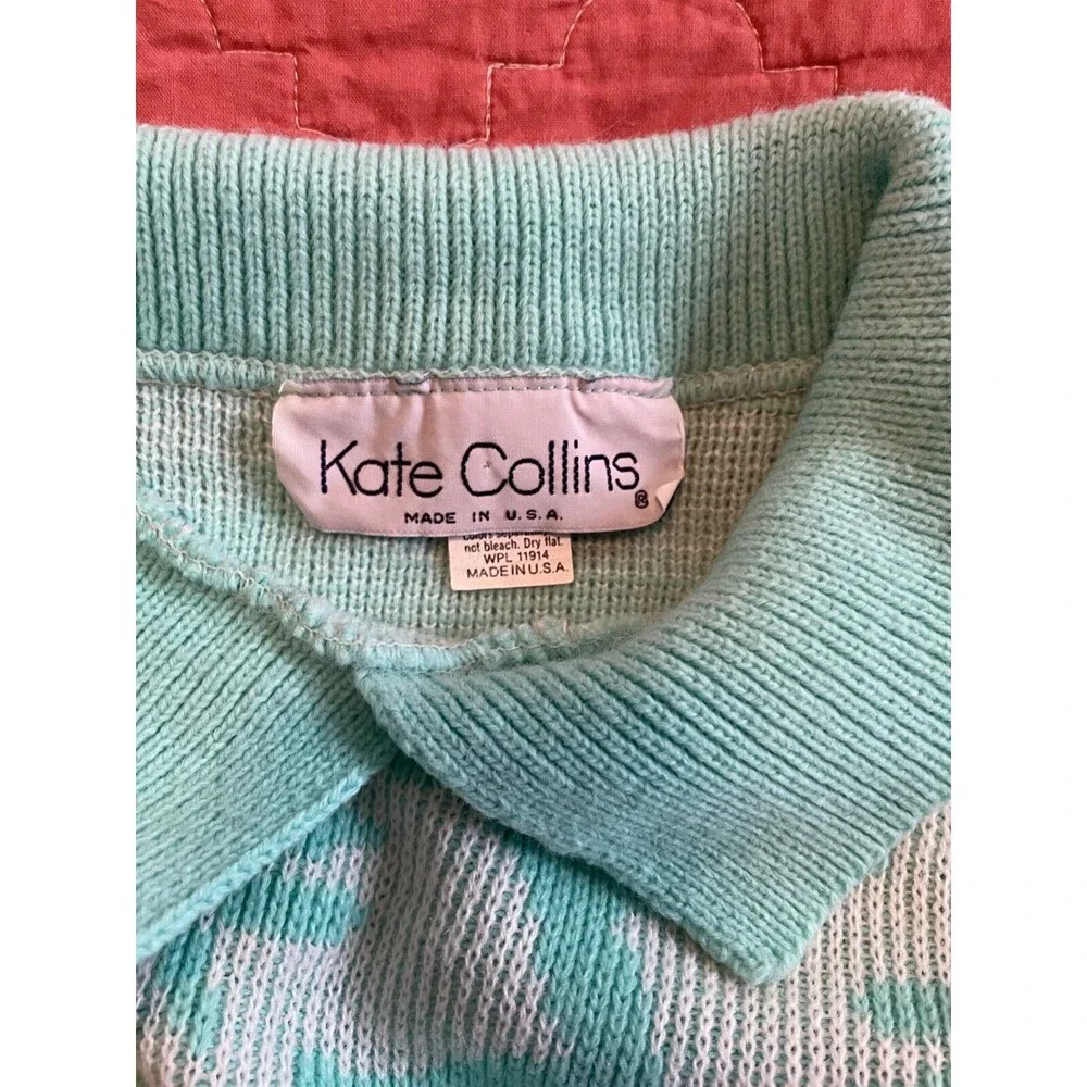 Vintage 90s Kate Collins Aqua Floral Pullover Sweater Tropical Pastel Sz Med